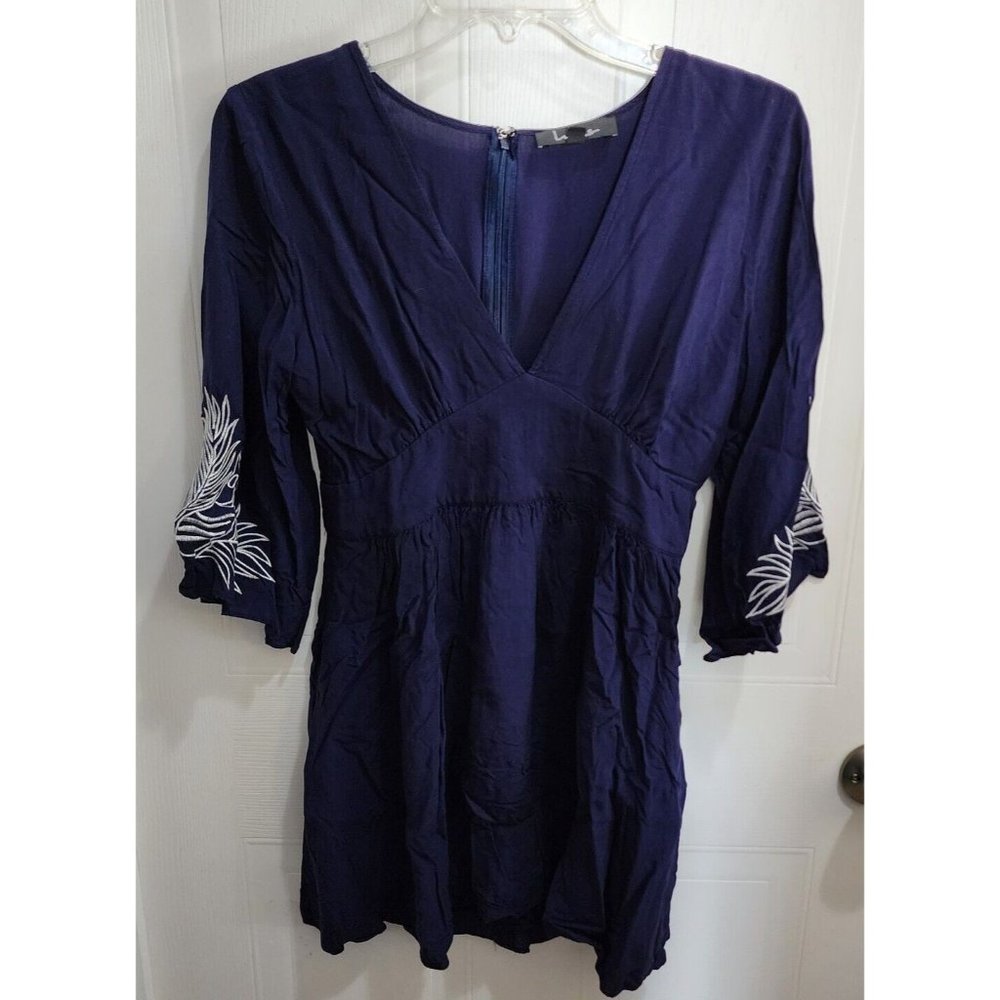Lulus Womens Isles Short Dress Embroidered Bell Sleeve V Neck Navy Blue Sz Small